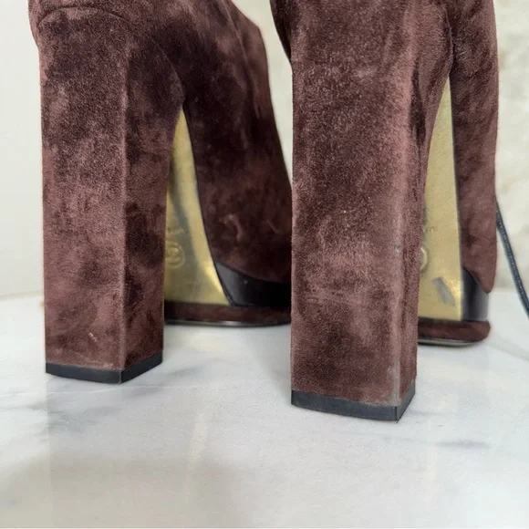 Chanel Brown Suede Leather Platform Lace Up Block Heeled Oxford Boot - Picture 6 of 17